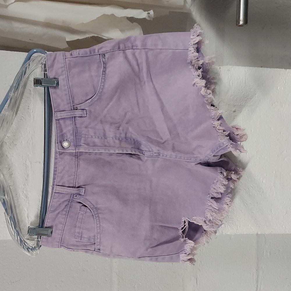 Purple denim button fly shorts
